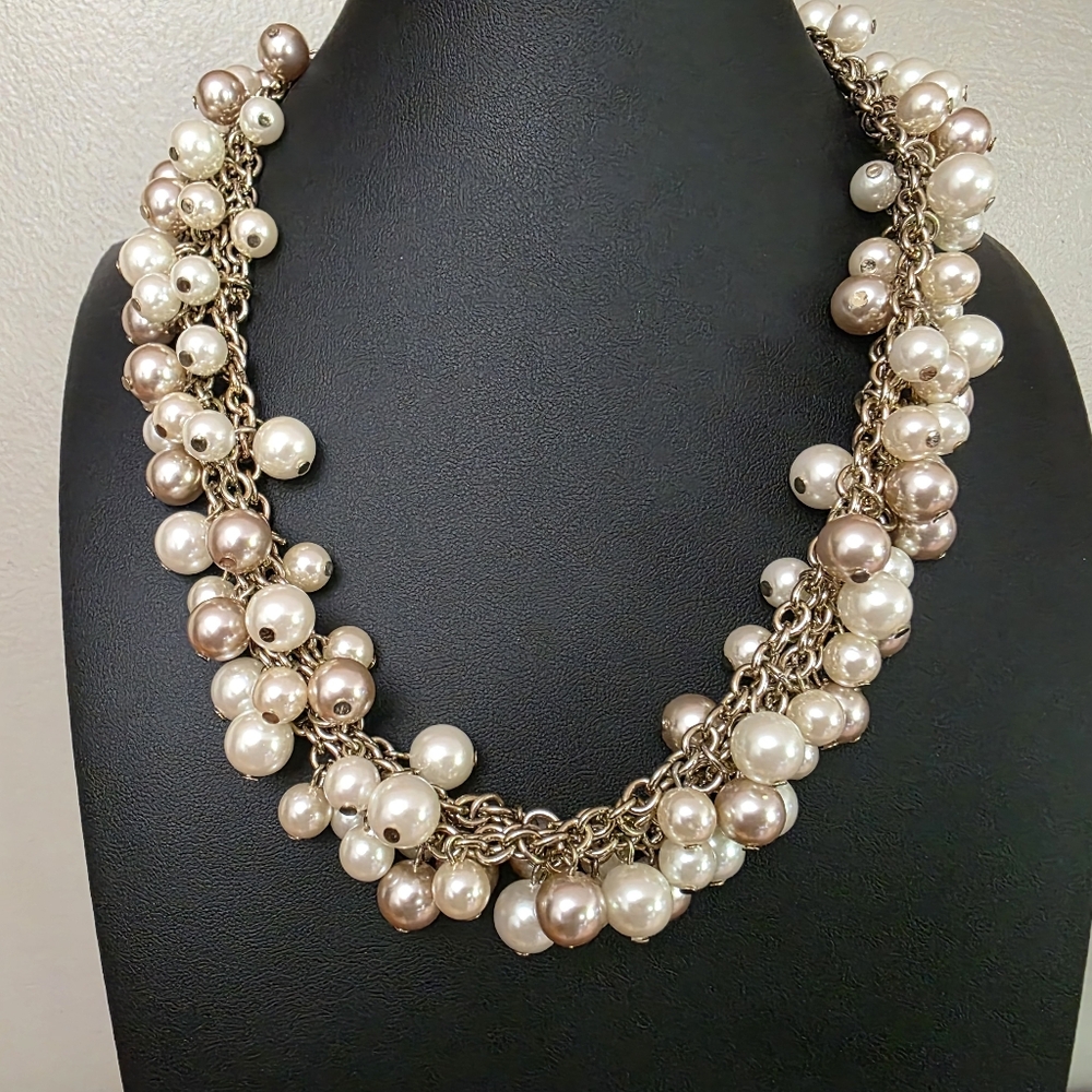 Pearl Cluster Necklace.Ivory and champane Pearls. Multi Gold-tone.Chain Strands.